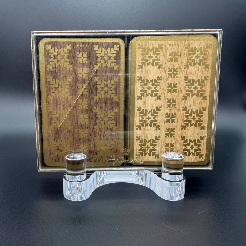 Vintage Hallmark Playing Cards Double Deck Wood Grain Gold Snowflake Bridge Set
